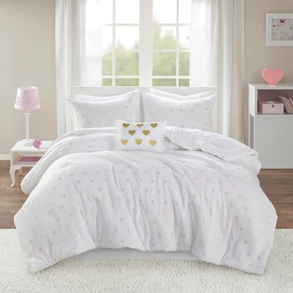 Mi Zone MZ10-0650 66 x 90 x 1 in. Rosalie Metallic Printed Plush Comforter Set with Throw Pillow, White & Gold - Twin & Twin Extra Large, Twin Size Bed, Bright Casual, Hypoallergenic