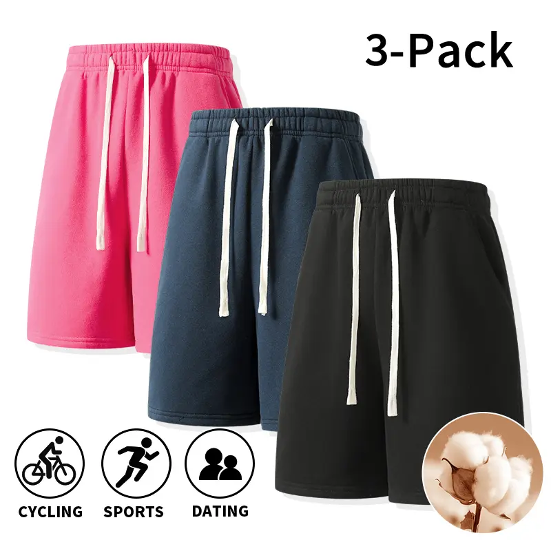 Men’s 3-Pack Active Cotton Fleece-Lined Baggy Sweat Shorts - Elastic Waist, Drawstring Closure, Side Pockets, Loose Fit, Breathable for Gym, Biking, Daily Wear, Baggy Shorts, Machine Washable, Male, Polyester