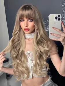 30 Inch Long Blonde Layered Wigs for Women, Gorgeous Fluffy Wigs with Blunt Bangs, Synthetic Full Machine Wigs for Party, Daily Use, Synthetic Wavy Wig