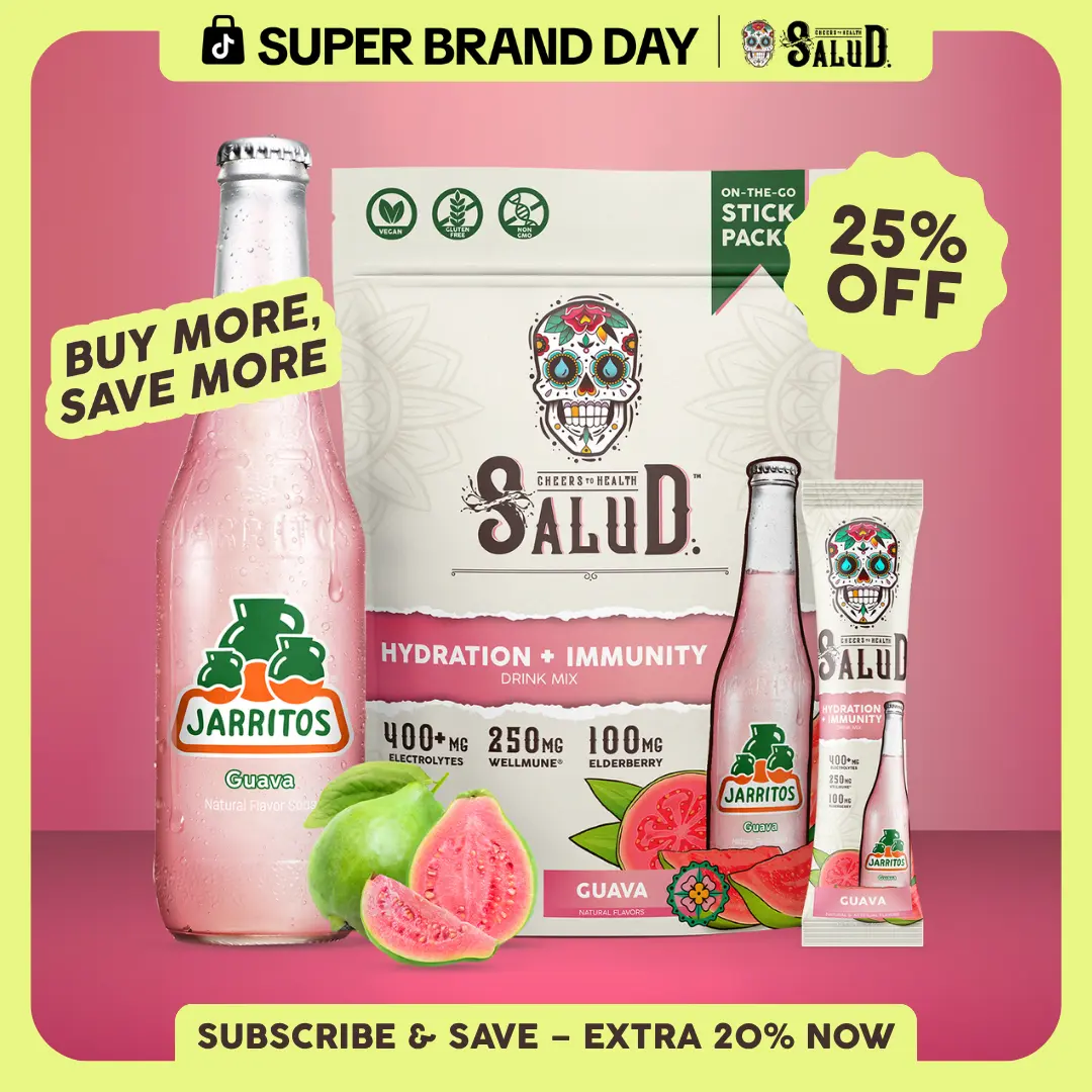 Salud x Jarritos 2-in-1 [Hydration + Immunity - Guava] Electrolytes, Immune Support, Dairy & Soy Free - 400mg Electrolytes, 250mg Wellmune, 100mg Elderberry - Healthcare, Vitamin (15 Servings), Coconut, Sugar