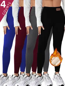 4pcs Women's Solid/Letter Embroidery Pocket Sports Leggings, Thermal Lined High Waist Skinny Pants, Ladies Warm Sportswear for Yoga Gym Workout, Tummy Control