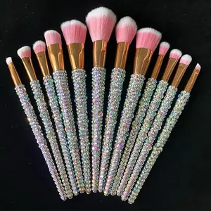 13 Piece Glitter Rhinestone Makeup Brush Set Bling Crystal Professional Face Cosmetics Blending Liquid Foundation Powder Concealer Eye Shadows Make up Beauty Tool Glitter with Makeup Brush Holder
