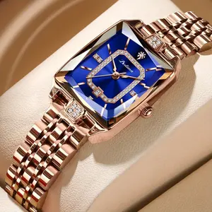 V-094 Women's 30MM Square Diamond-Embellished Metal Analog Watch, Rose-Colored Steel Band with Butterfly Clasp, Quartz Movement, 30M Waterproof  Watch ootd woman fashion lady