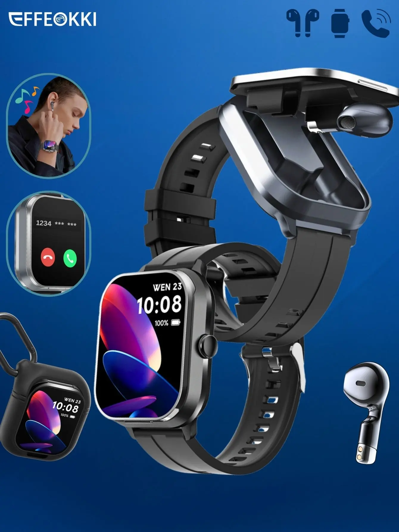 2025 2-In-1 Multifunctional Smart Watch (Wearable Tech) with Detachable Earphone, 2in NFC, Phone Call Make/Answer, Silicone Sleeve, Multi-Sport Fitness & Calorie Tracking, Compatible with iPhone Android, Black Digital Smart Watch Gadget