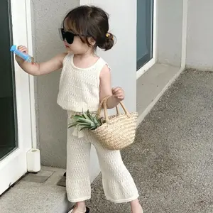 Girls Summer Clothing Set 2026 Kids Knitted Hollow Lace Suit Girl Fashion Breathable Vest + Wide Leg Pants Outfits Children Sets