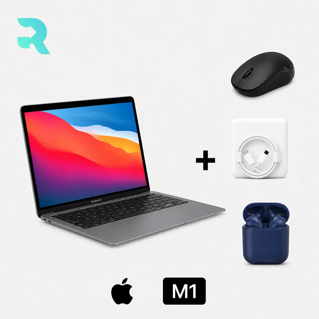 Refurbished Apple MacBook Air 13" (2020) M1 8GB/128GB Space Gray Good Condition with Generic Wireless Mouse + USA Essentials True Wireless Earbuds + Charger