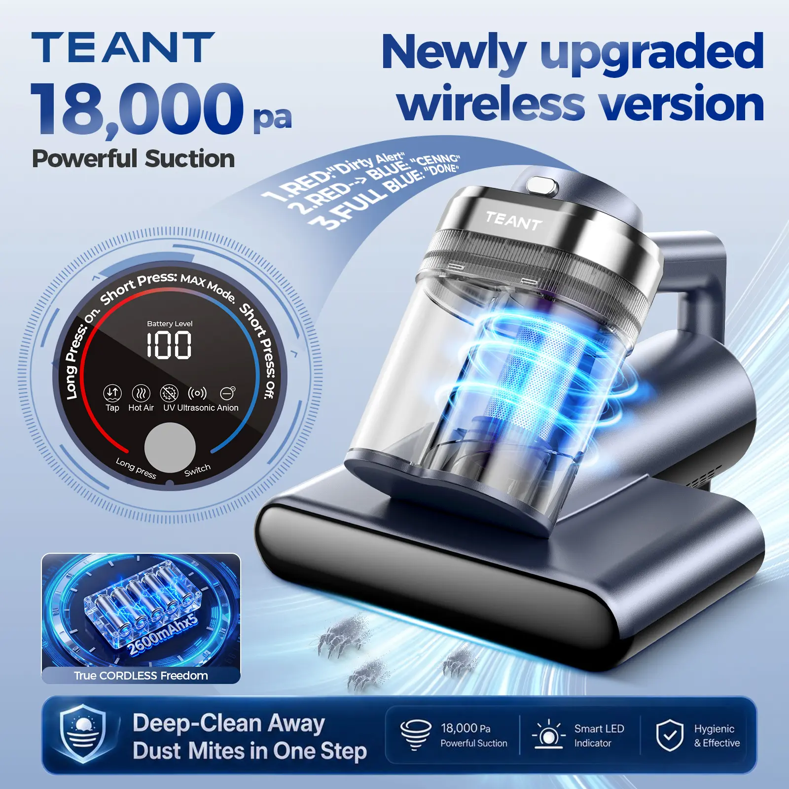 Teant 18kPa Cordless UV-C Sanitizing Vacuum with Smart LED Display & 2-Speed Suction, 33,000 RPM Roller Brush, HEPA, 149°F Heat, Aroma & Anion for Deep Cleaning Mattress, Sofa & Cushion. TikTokShopSummerSale.,dorm essentials,home essentials