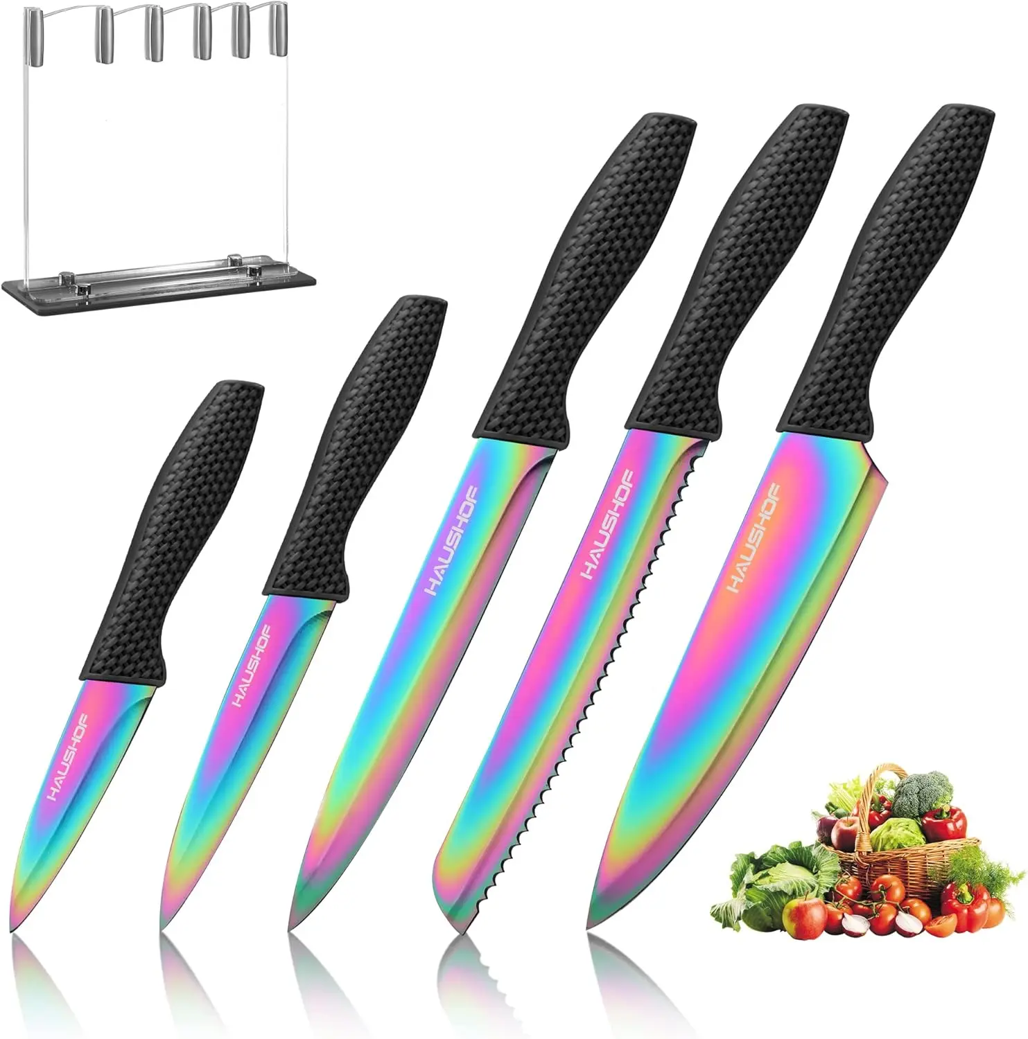 HAUSHOF Kitchen Knife Set, 5 PCS Rainbow Knife Sets with Arcylic Block, Titanium Coated Black Knives Set for Kitchen, Stainless Steel Knife Set with Ergonomic Handle, Great for Slicing, Dicing&Cutting