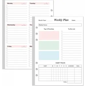 Weekly Planner Refills for A5 Binders - 53 Sheets/106 Pages Undated Colorful Weekly Planner, 6-Hole Punched, 100 gsm White Paper, Lasts 1 Year, 5.8" x 8.3"