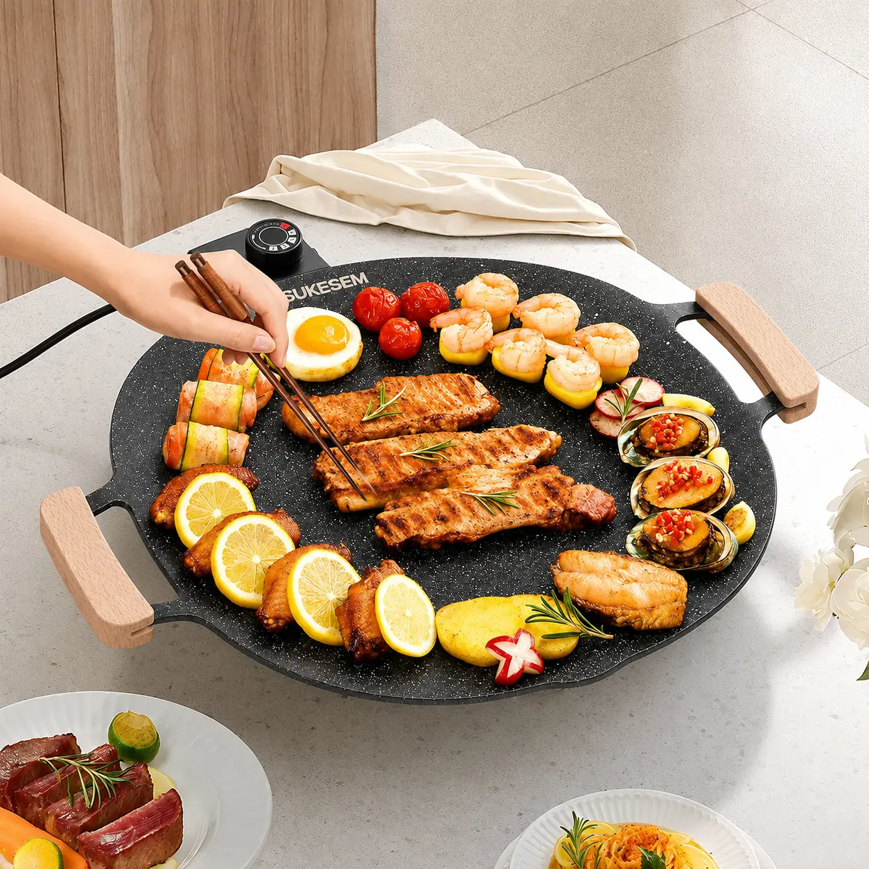 Portable Electric Korean BBQ Grill, Smokeless Indoor Grill with Adjustable Temperature, Nonstick Griddle for BBQ, Pancakes, Eggs & Home Cooking