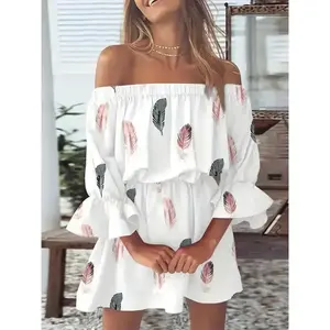Bohemian Leaf Pattern Print off Shoulder Dress, Backless Ruffles Sleeve Dress/, Women's Clothing Casual PolyesterRAIMENTRY