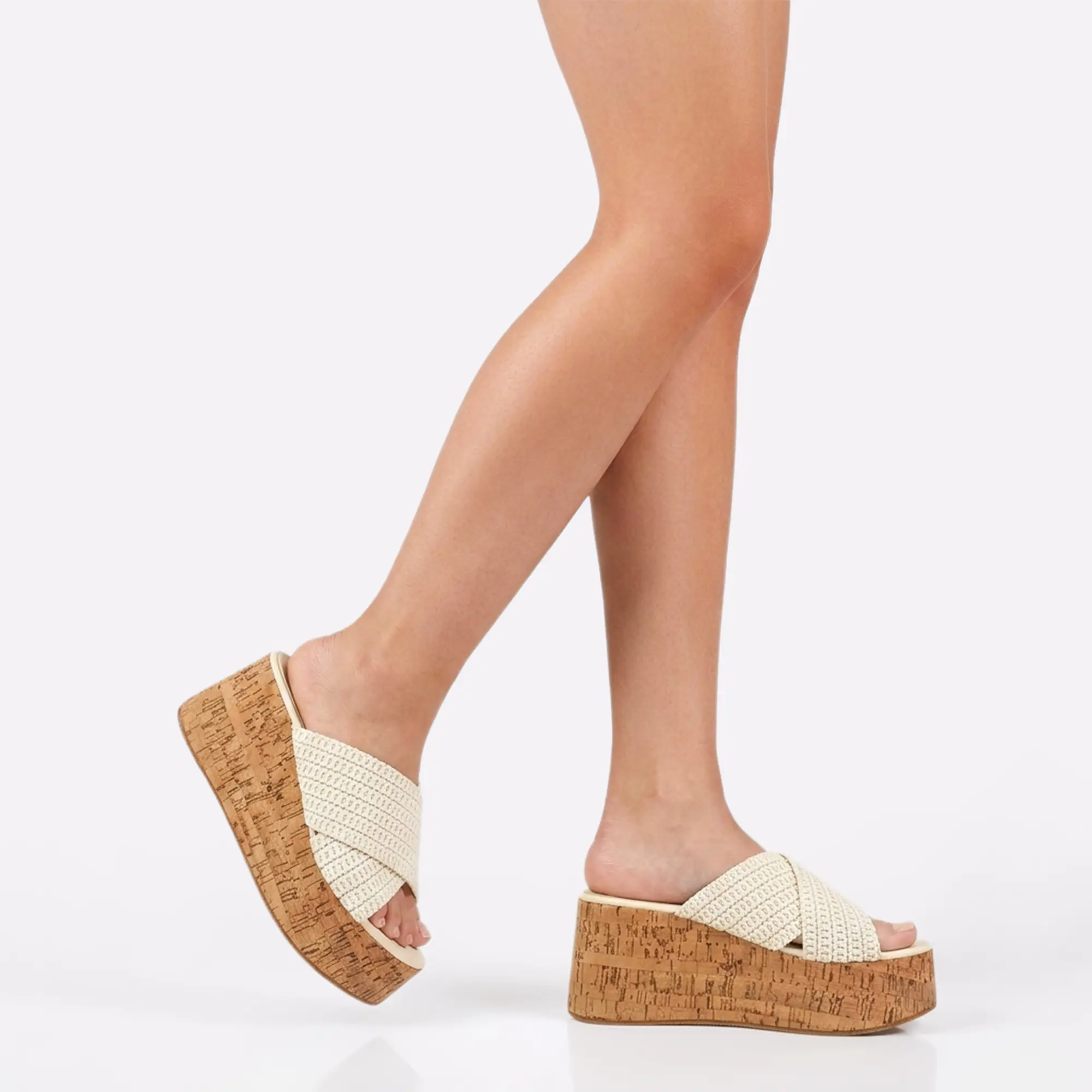 Women's Cork Platform Wedge Sandals Woven Criss Cross Strap Slide Open Toe Slip-on Mules 3-inch Mid Heel Footwear Girl Fashion Elegant Comfortable Breathable Summer Casual Dress Heeled Shoes for Daily Wear