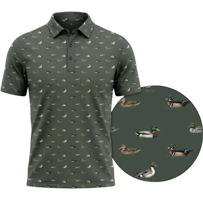 Duck Hunting Print Men’s Polo Shirt, Personalized Textured Piqué 3-Button Outdoor Apparel for Hunters and Casual Wear