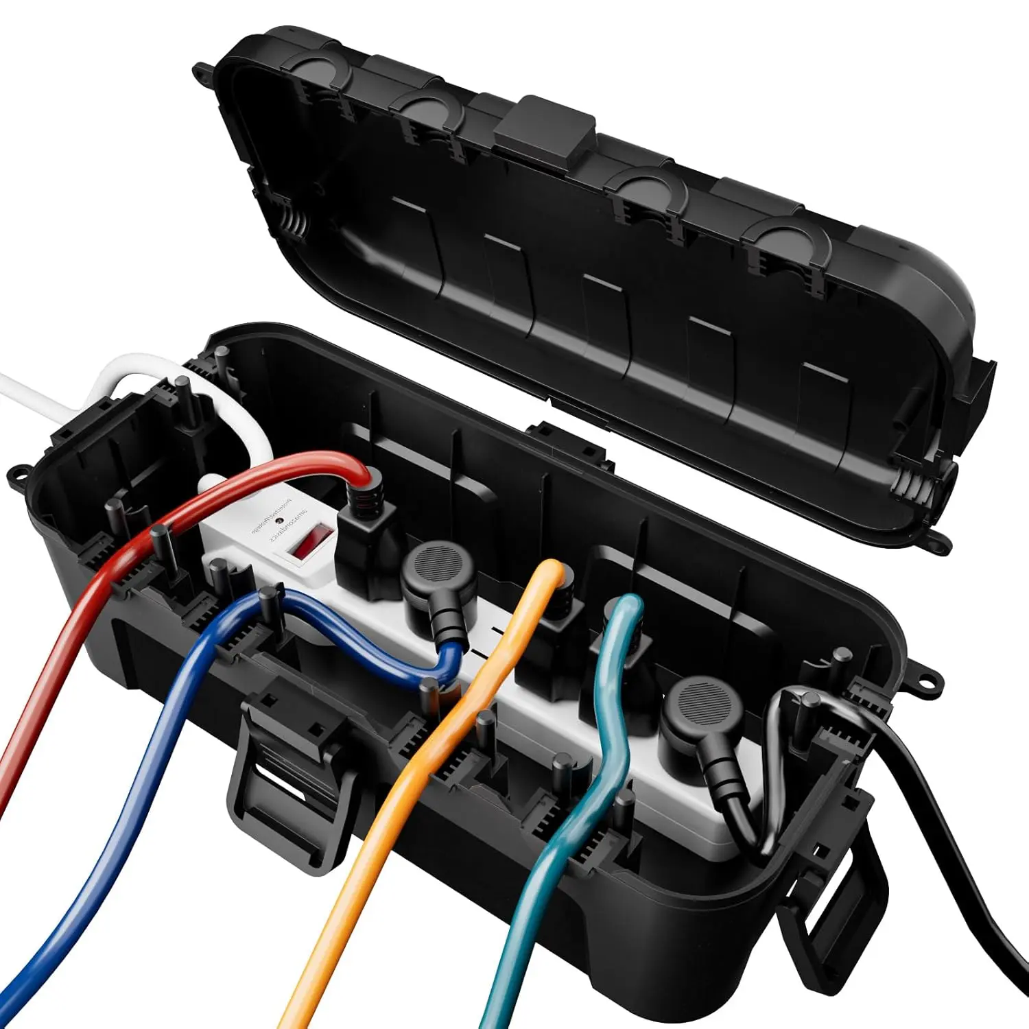 RESTMO Plastic Outdoor Electrical Box - IP54 Waterproof Extension Cord Cover & Holder, 6 Cable Ports, Child-Safe Organiser for Security Cameras, Outdoor Lighting, 11.5x5.2x4 in Black (Fits Power Strip, Timer, Plug, Garden Tools), Water Proof, Extension Co