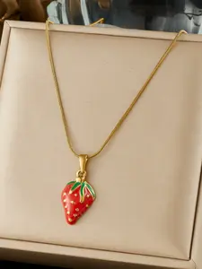 Stainless steel gold enamel strawberry pendant necklace for women