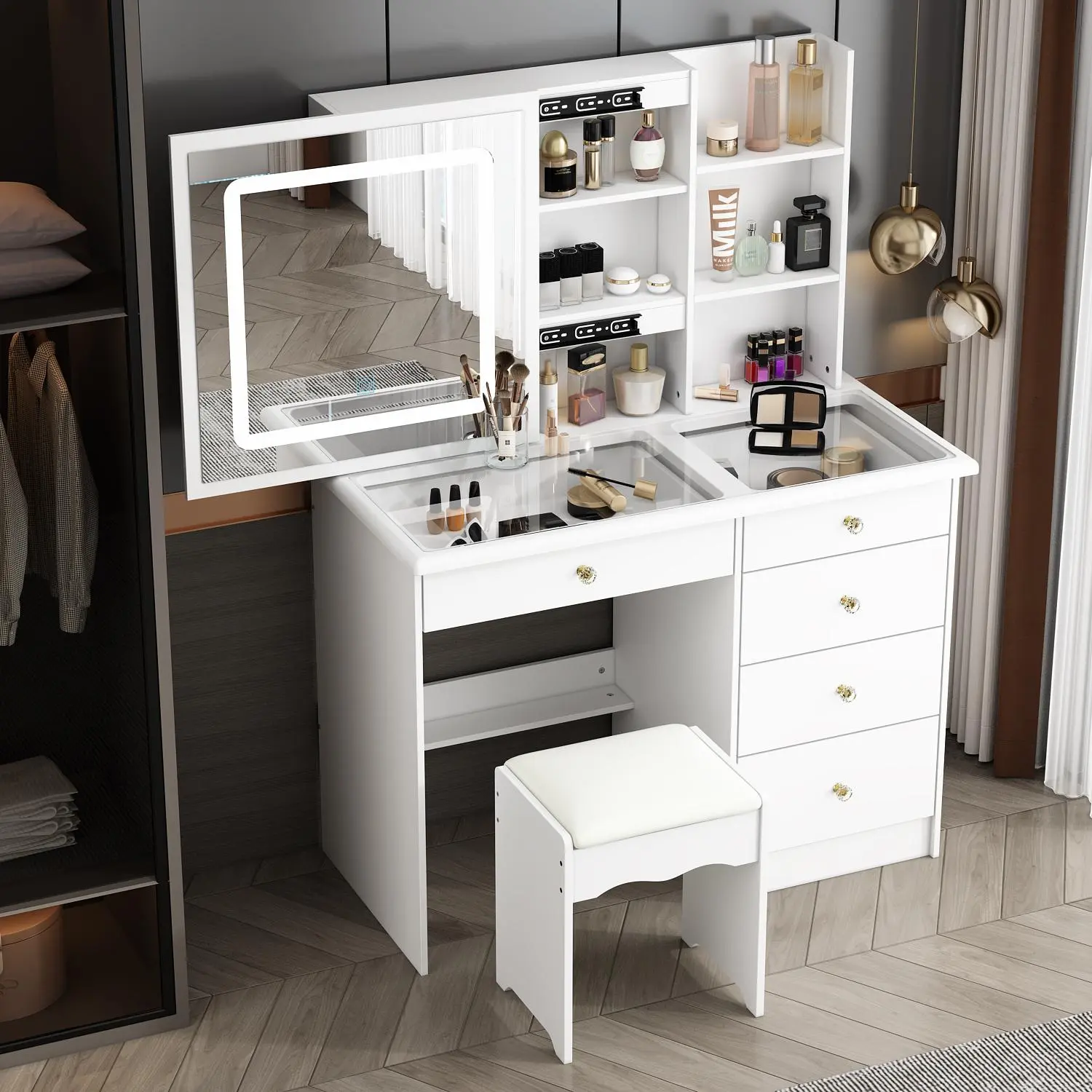 FUFU&GAGA Sturdy Large Modern Makeup Vanity Set with Chair for Mother, Female - MDF Wood Dressing Table, Sliding Lighted Mirror, Drawers, Shelves, Cushioned Stool, Easy Setup for Makeup Organization