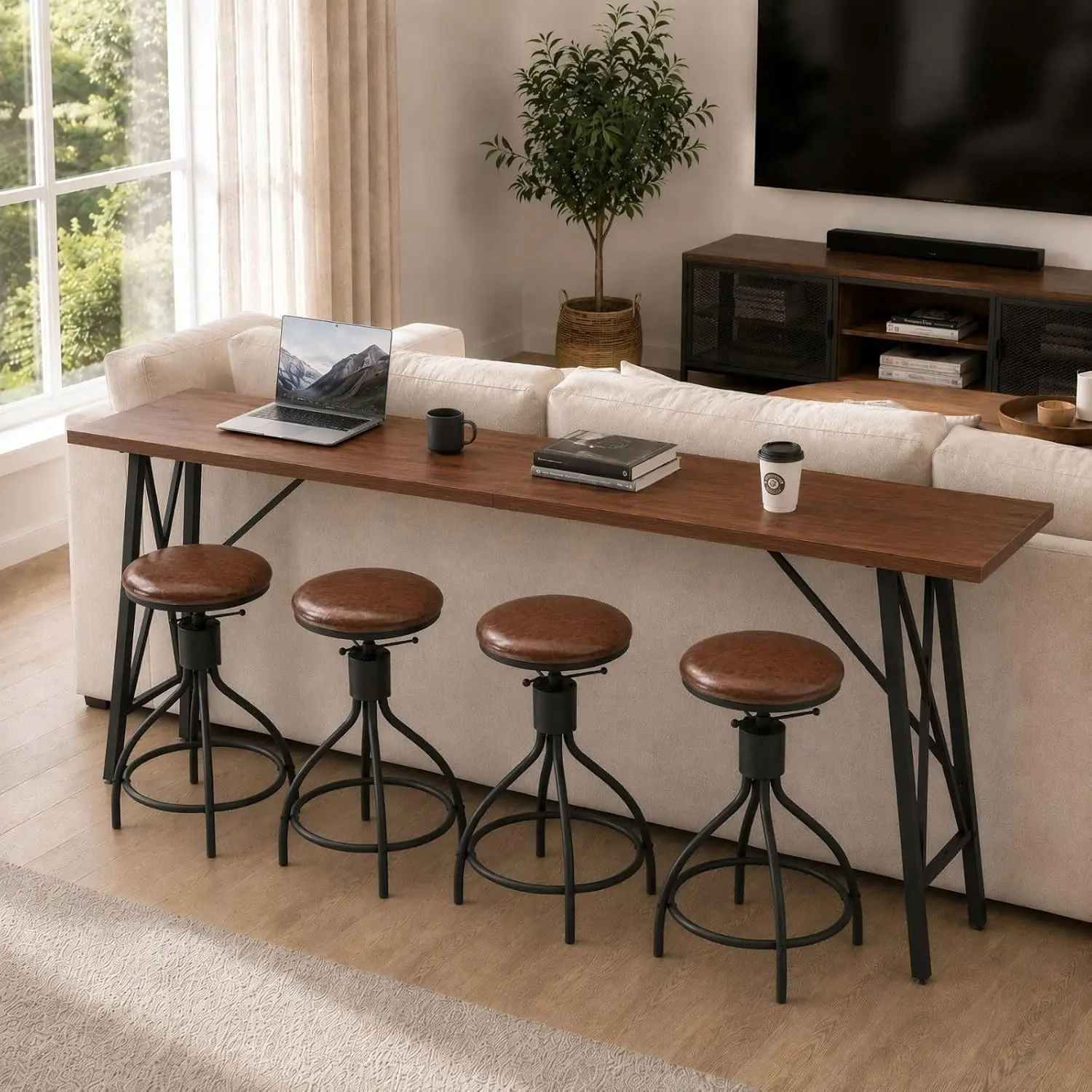 Karl Home Modern High-Top Size Rectangular Bar Table & 4 Chairs Set - 4 Adjustable Seats PU Stools (24-26" H), Brown Metal Frame for Kitchen Breakfast Nook, Bistro, Modern Home Decor