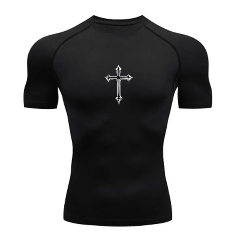 Men's Christian Cross Print Compression Rash Guard, Gymwear Baselayer Undershirt for Athletic Workout Running
