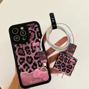 Cute Bowknot & Leopard Print Pattern Phone Case Cover with Charger Saver & Cable Protector & Storage Rope, Phone Accessories for iPhone, Shockproof, Protection, Protective, Phone Guard