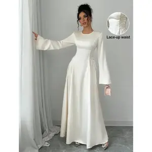 Elegant Apricot A-Line Cinched Waist Flare Sleeve Dress Maxi Satin Women Outfit