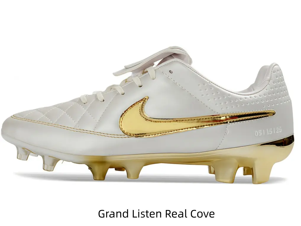 Cream white quilted leather soccer cleats with metallic gold logo & golden studded outsole