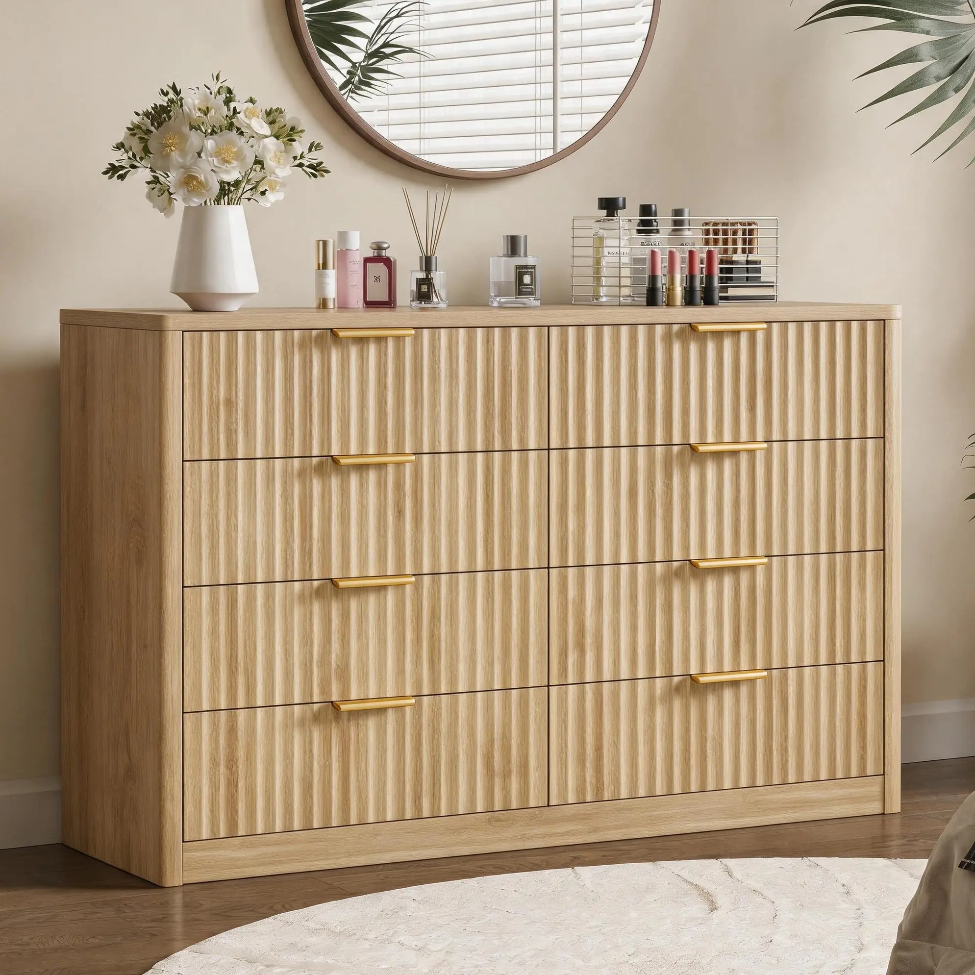 Glam 8-Drawer Fluted Long Wooden Bedroom Dresser - 47'' Wide, Adjustable Compartments, 15-20 Kg Capacity, Gold-Toned Metal Handles, Closet Storage, Drawers for Bedroom, Small Room Ideas, Fluted Luxe Detail, Assembly Required, Indoor Organization Furniture