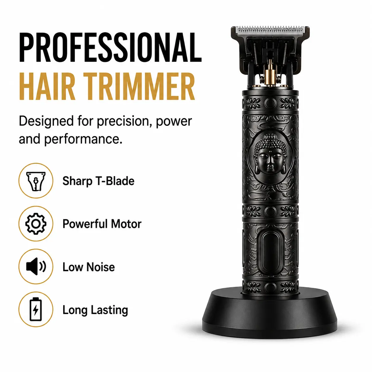 Professional Buddha Engraved Hair Trimmer Kit, Cordless Zero-Gap T-Blade Clipper for Men, USB Rechargeable Barber Trimmer with 4 Guide Combs for Edging, Fading & Beard Grooming