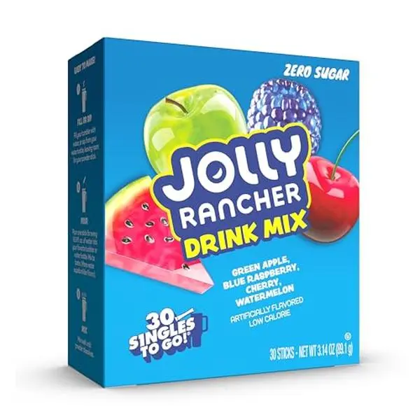 Singles To Go! Jolly Rancher Water Drink Mix, Variety Pack, 30 Packets | Sugar Free Drink Mix for Flavoring Water, Low Calorie, Green Apple, Blue Raspberry, Cherry, Watermelon