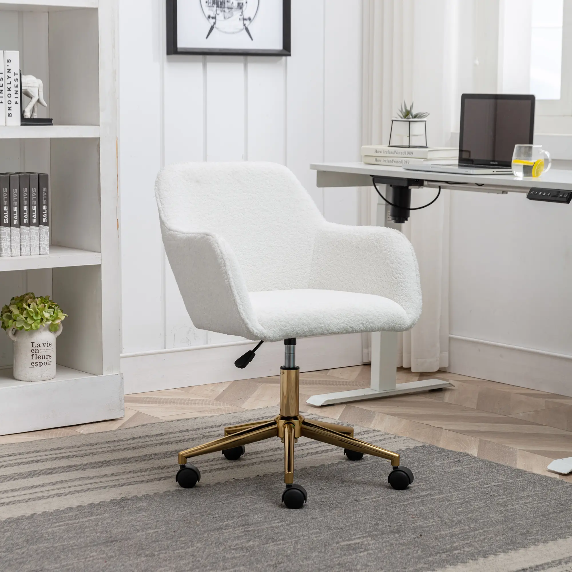 Fluffy Faux Fur Adjustable Swivel Computer Chair with Wheels, Swivel Base, Height-Adjustable Vanity Chair for Teen Girls' Bedroom & Home Office, White
