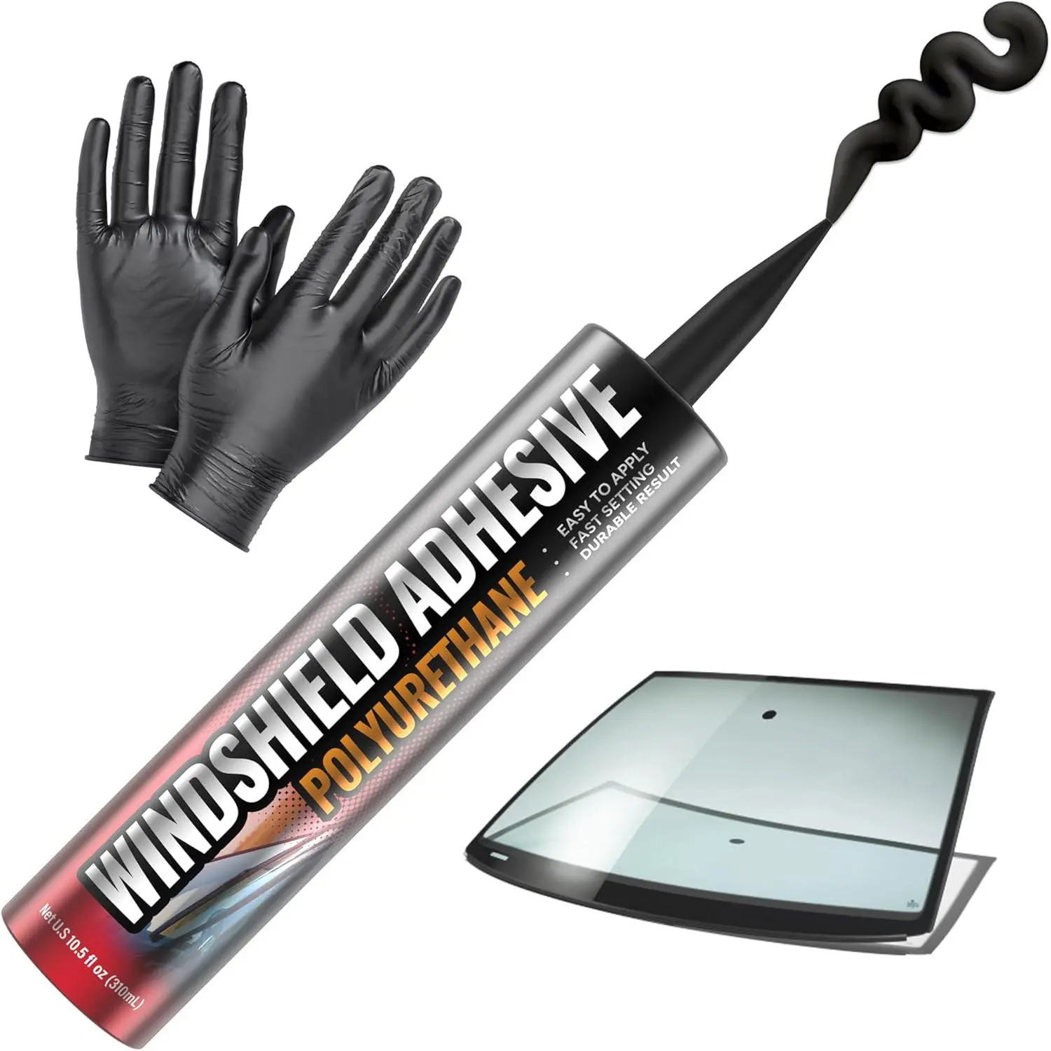 Windshield Repair Kit with Quick-Curing Polyurethane Adhesive Sealant, Weather-Resistant for Vertical or Overhead Application - 310ml Black Cartridge with Gloves & Tip