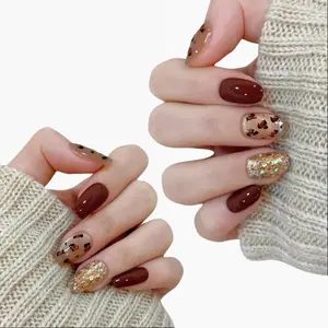 Set of 24 Wearable Short T-Shaped Detachable Nail Patches in Burgundy and Nude Shade with Glitter Leopard Print Design Removable luxury  press  nails