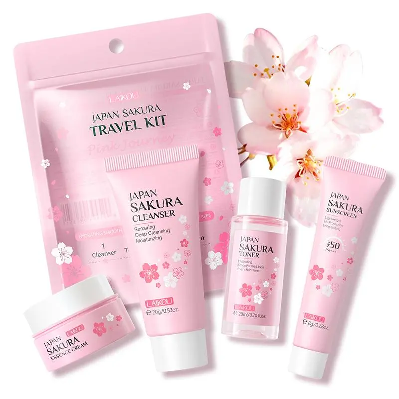 Sakura Travel Skincare Four-Piece Set | Cleanser, Toner, Lotion, Sunscreen All in One, Portable Complete Skincare Set, Skin Care Sets