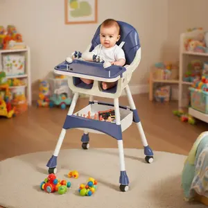 3-in-1 Baby High Chair for 6 Months & Up, Adjustable Tray, Lockable Wheels, PU Cushion & Toys – Perfect for Feeding, Play & Rest (6 Months - 3 Years)Blue Convertible Infant Feeding Chair- detachable silla alta de bebe Changing Table with Pad Covers double