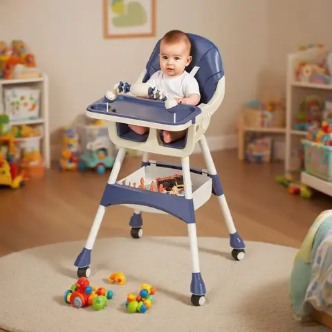 3-in-1 Baby High Chair for 6 Months & Up, Adjustable Tray, Lockable Wheels, PU Cushion & Toys – Perfect for Feeding, Play & Rest (6 Months - 3 Years)Blue Convertible Infant Feeding Chair- detachable silla alta de bebe Changing Table with Pad Covers double