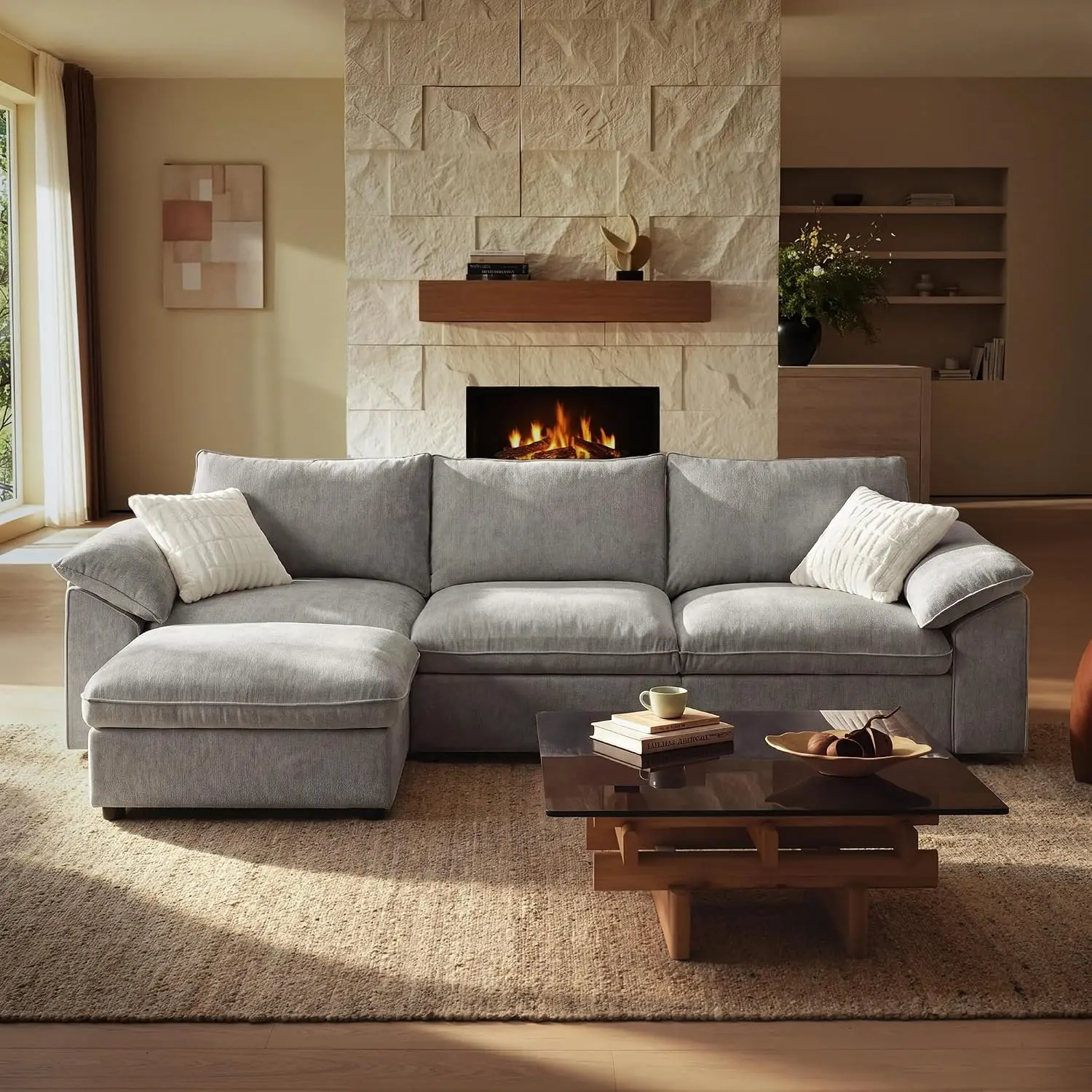 [3 Packages Shipping]ModernMate 114.5" Modular Sectional Sofa, Down Filled Cloud Couch with Storage Ottoman, Oversized L Shaped Couch with 2 Pillows, 4 Seats Sectional Couches for Living Room, Oeko-TEX Fabric, Gray
