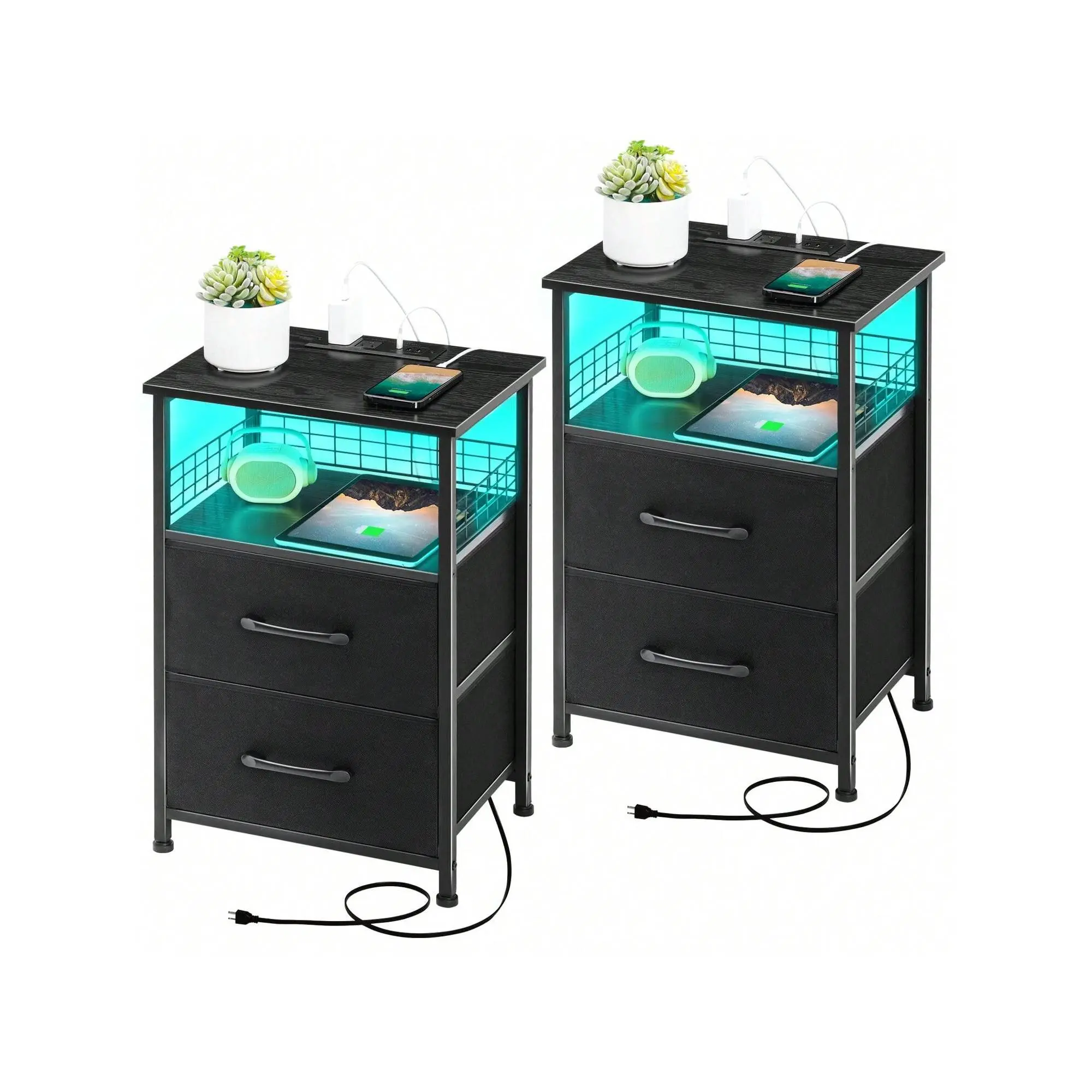Nightstand Set Of 2 With Charging Station, Night Stand With LED Lights And Drawer, Side Tables Bedroom, End Table With USB Ports And Outlets For Living Room, Offic