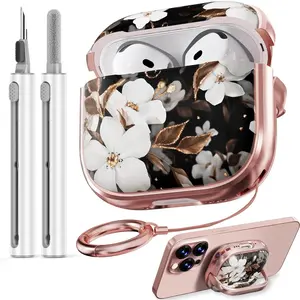 with Safety Lock for AirPods 4 Case 2024,Floral Cute AirPod 4th Generation Case for Women Girly with Cleaner Kit and Key Chain - Black Gold Flower