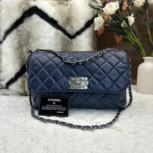 Pre-owned CHANEL Dark Blue Distressed Lambskin BOY Flap Bag 866