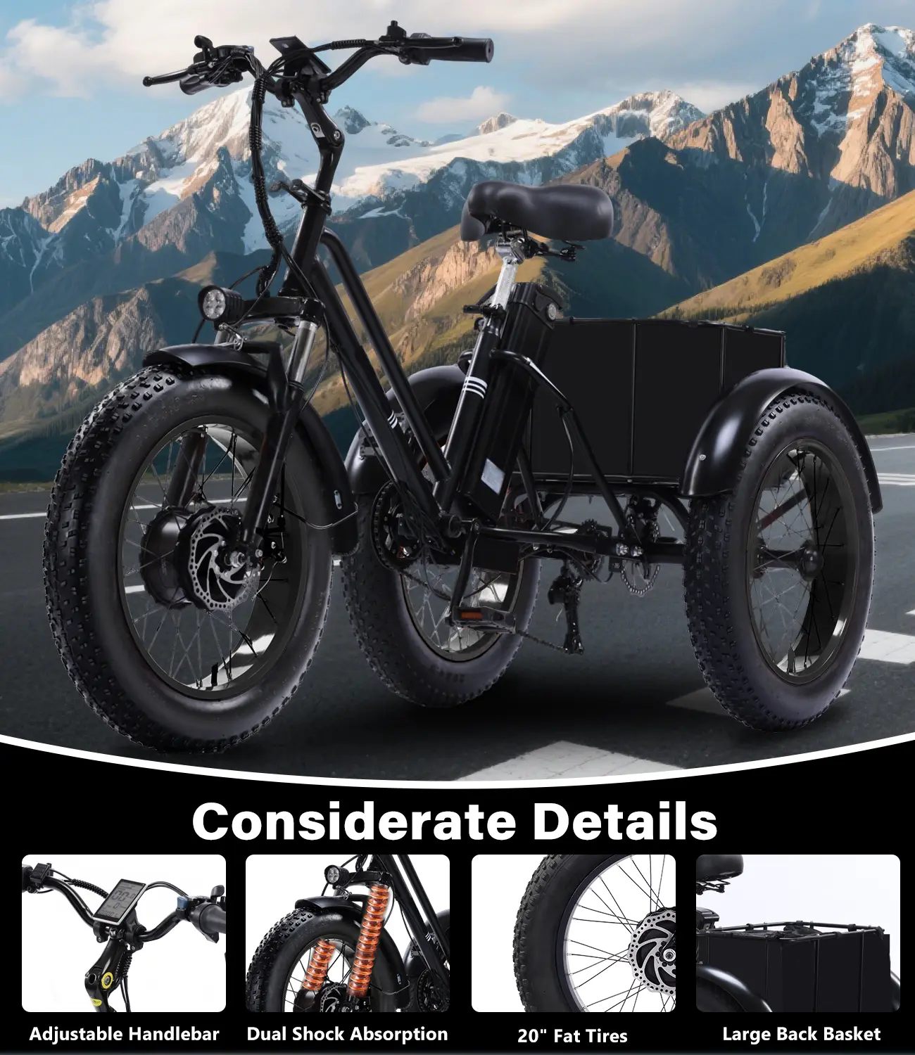 Easingo Black 04 Steel Frame Adult Electric Tricycle, 700W Motor, 48V/15Ah Battery, 20x4.0in Fat Tires with Spring Shock Absorber, Front Basket, 50Mi Range, 18Mph Speed, 400Lbs Load, 6-Month Warranty, Ideal for Trail Riding, Long Trips, Christmas Gift, 6