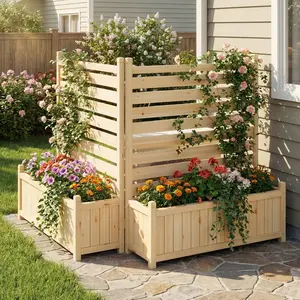Garvee 2-Panel Outdoor Privacy Screen with Planter Box, 33"X40" Wooden Fence Cover for Patio & Garden, Ideal for Concealing AC Units, Trash Cans, Pool Pumps & Equipment, Decorative Backyard Divider