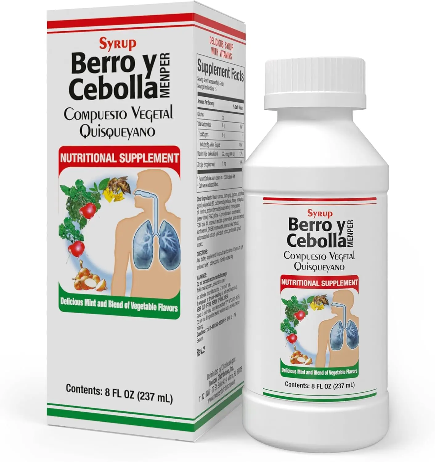 MENPER Berro & Onion Natural Botanical Blend Herbal Syrup - 8 fl oz Bottle with Lid, OTC Cough Support Respiratory Aid for Adults, Liquids in Smooth Liquid Format, No Pills or Capsules Needed, Syrup For Ease, Contains Botanical Ingredients