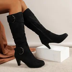 [Popular Choice] Women's Knee-High Boots with Pointed Toe, Cone Heel, Zip Closure, Fabric Upper and Lining, TPU Sole, Boots