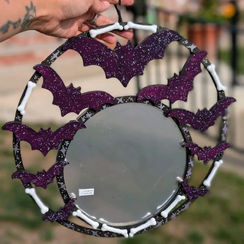 Bats N' Bones Gothic inspired Glow-in-the-Dark Mirror (hand painted)