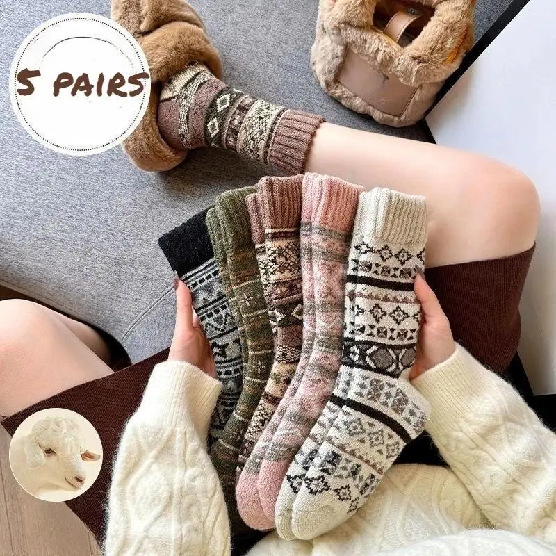 5 Pairs Winter Retro Ethnic Style Thickened Warm and Cold Resistant Woolen Socks Casual and Comfortable Women's Mid Tube Socks