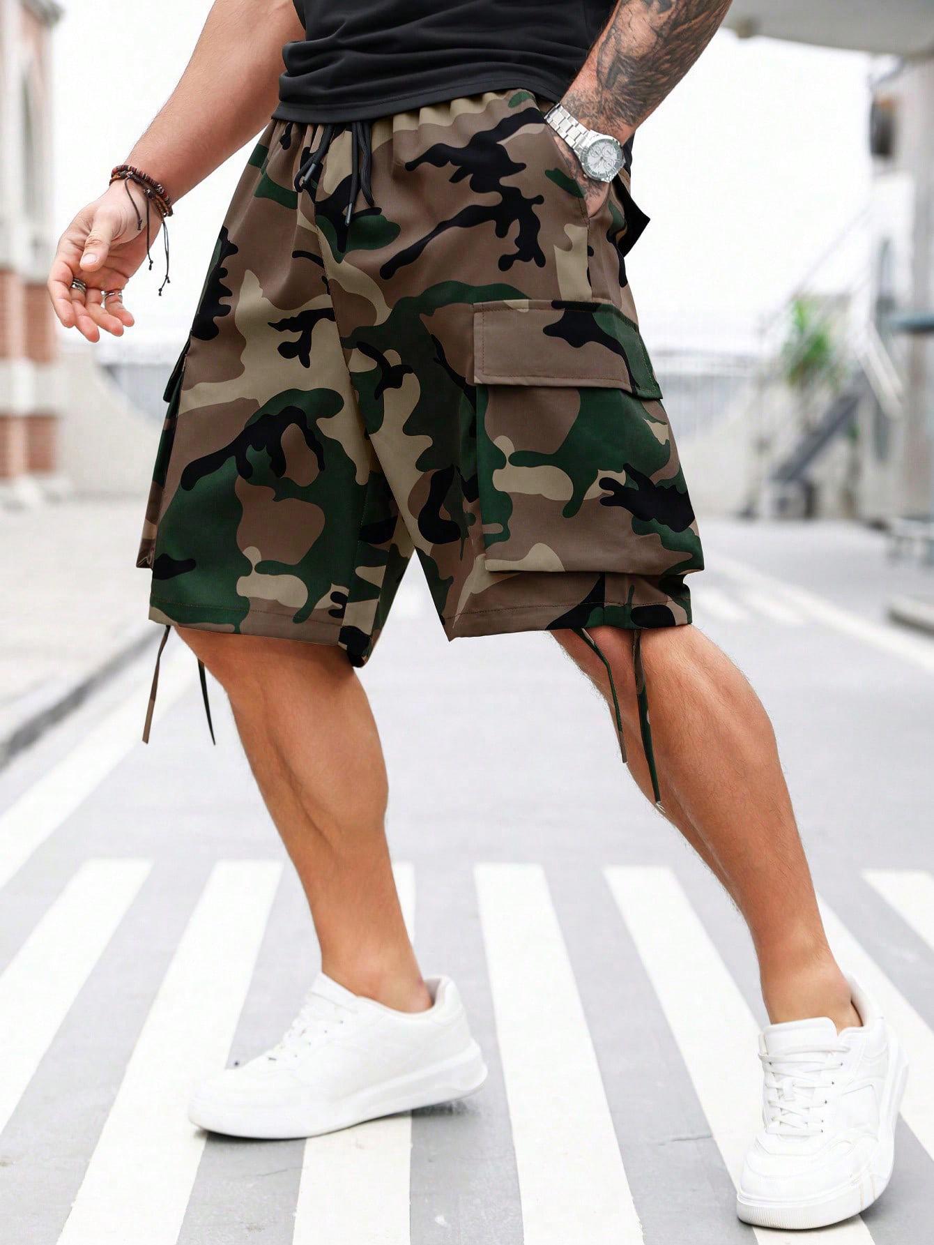 Men’s camouflage cargo shorts — quick-drying, lightweight ice silk casual shorts with an elastic waistband, drawstring, and multiple pockets; suitable for fitness, running, hiking, and everyday wear.