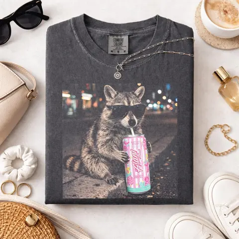 Comfort Colors Raccoon Cotton Candy Drink Graphic T Shirt, Fun Animal Lover TShirt, Vintage Raccoons T-Shirt, Funny Meme Genz Dank Raccoons Graphic Tee Gift