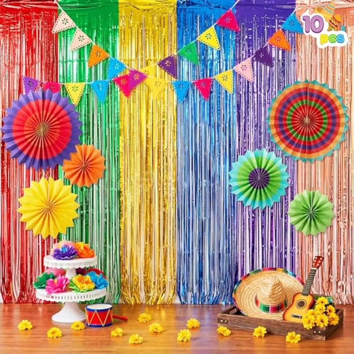 Cinco De Mayo Decorations Set with Fiesta Foil Fringe Curtains Backdrop, Balloon Decoration Set, Plastic Papel Picado Banner, Paper Fans