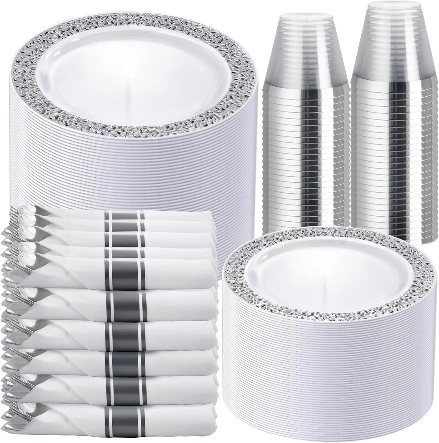 350 Pieces Silver Disposable Plastic Dinnerware, Includes:50 Dinner Plates, 50 Dessert Plates, 50 Cups, 50 Pre Rolled Napkins with Silver Cutlery