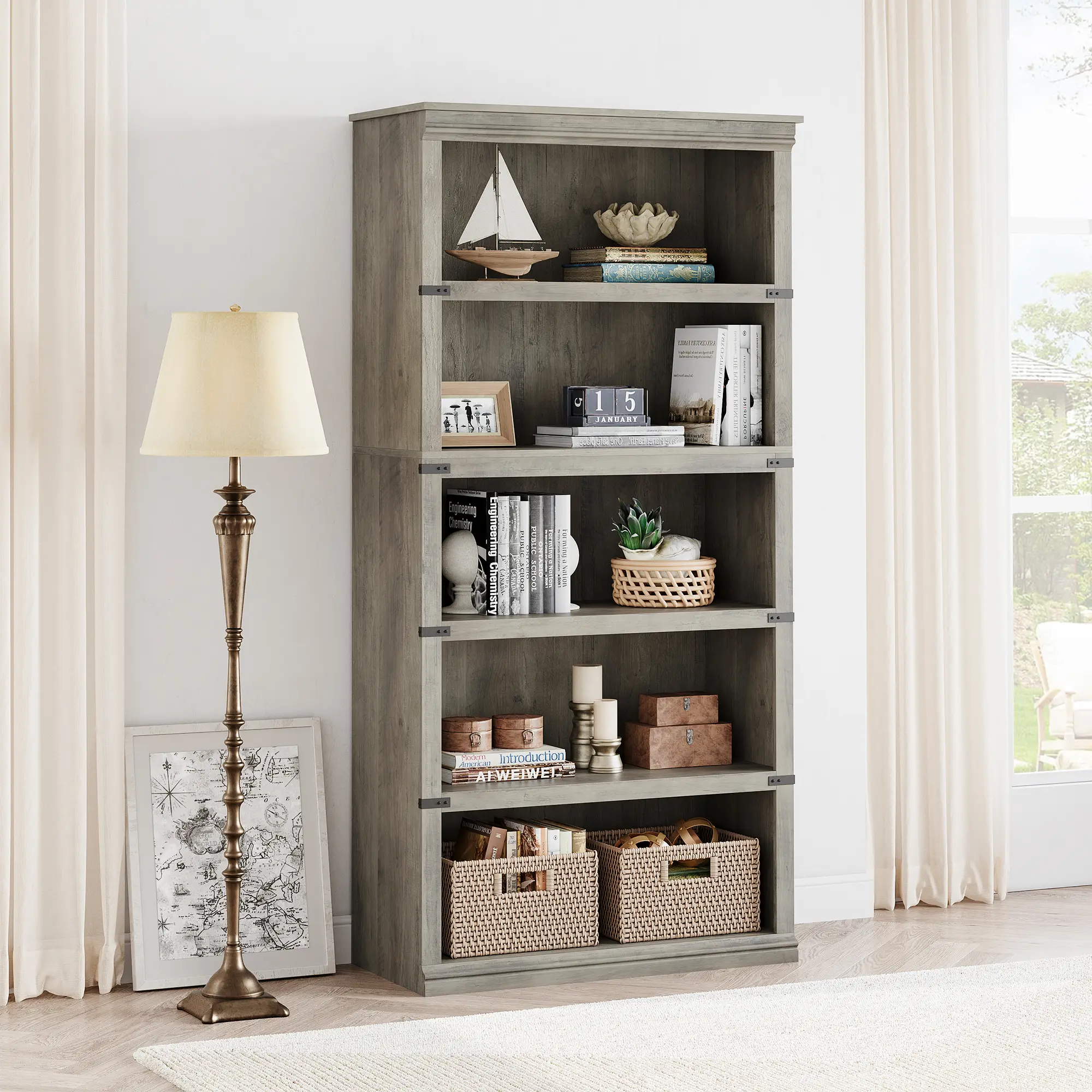 5-Tier Farmhouse Bookshelf with Farmhouse Charm, Rustic High-Density MDF Wood Grain Storage Bookcase, Heavy-Duty Open Display Shelves, Sturdy Freestanding Unit for Home Office & Living Room, Grey/Vintage/Cherry