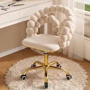 Velvet Swivel Vanity Chair with Wheels, Cute Makeup Desk Chair with Back, Adjustable Height 18.5'' to 22.8'' for Bedroom & Home Office, Ivory